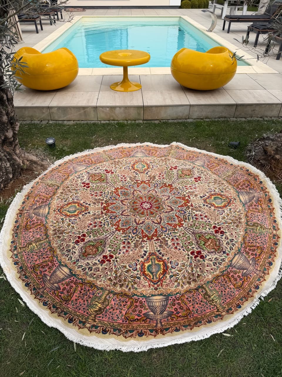 Dywan okrągły Tabriz Raj 220x220 cm, beżowy, wełna kaszmirowa jedwab, Iran - 301965