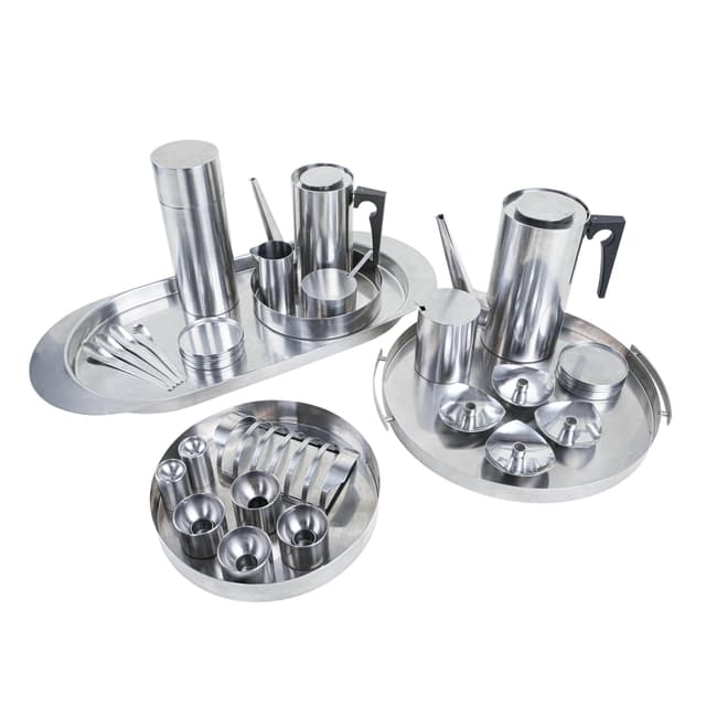 Serving set, silver stainless steel, black plastic, by A. Jacobsen, Denmark, 1960s. - DIMENSION