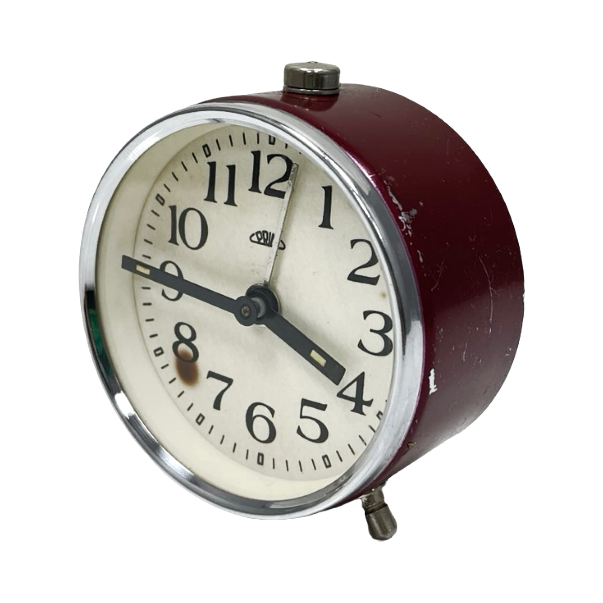 Budzik mechaniczny, bordowy, metal chrom, PRIM, Czechosłowacja, lata 60. - 302375