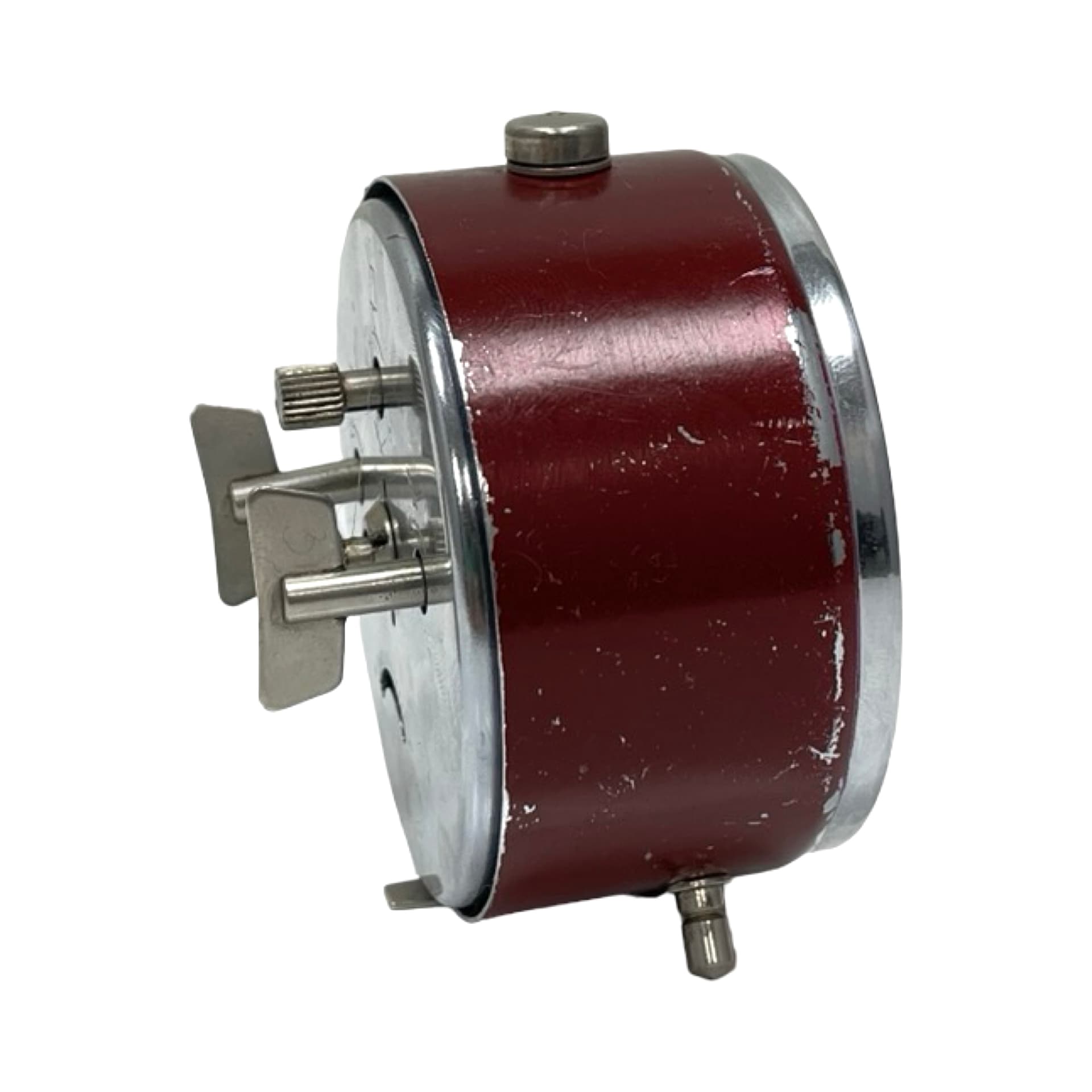 Budzik mechaniczny, bordowy, metal chrom, PRIM, Czechosłowacja, lata 60. - 302373