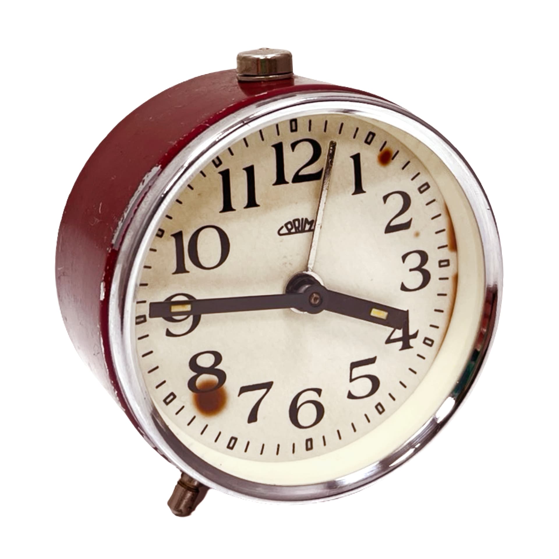Budzik mechaniczny, bordowy, metal chrom, PRIM, Czechosłowacja, lata 60. - 302367