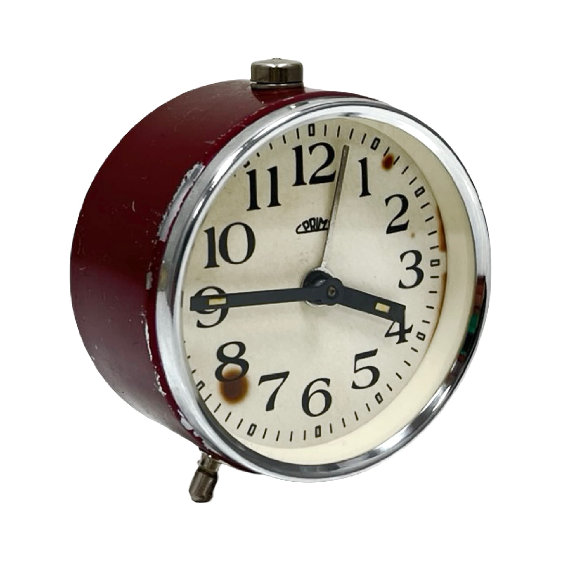 Budzik mechaniczny, bordowy, metal chrom, PRIM, Czechosłowacja, lata 60. - 302368
