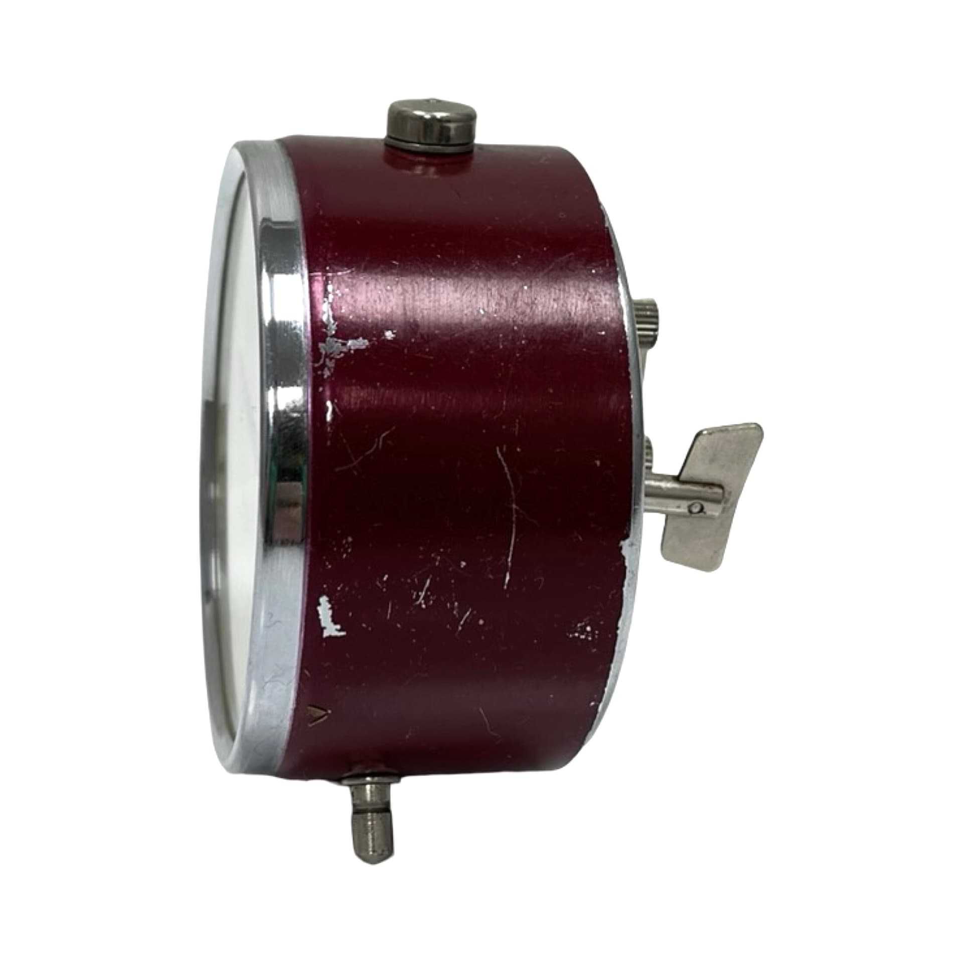 Budzik mechaniczny, bordowy, metal chrom, PRIM, Czechosłowacja, lata 60. - 302371