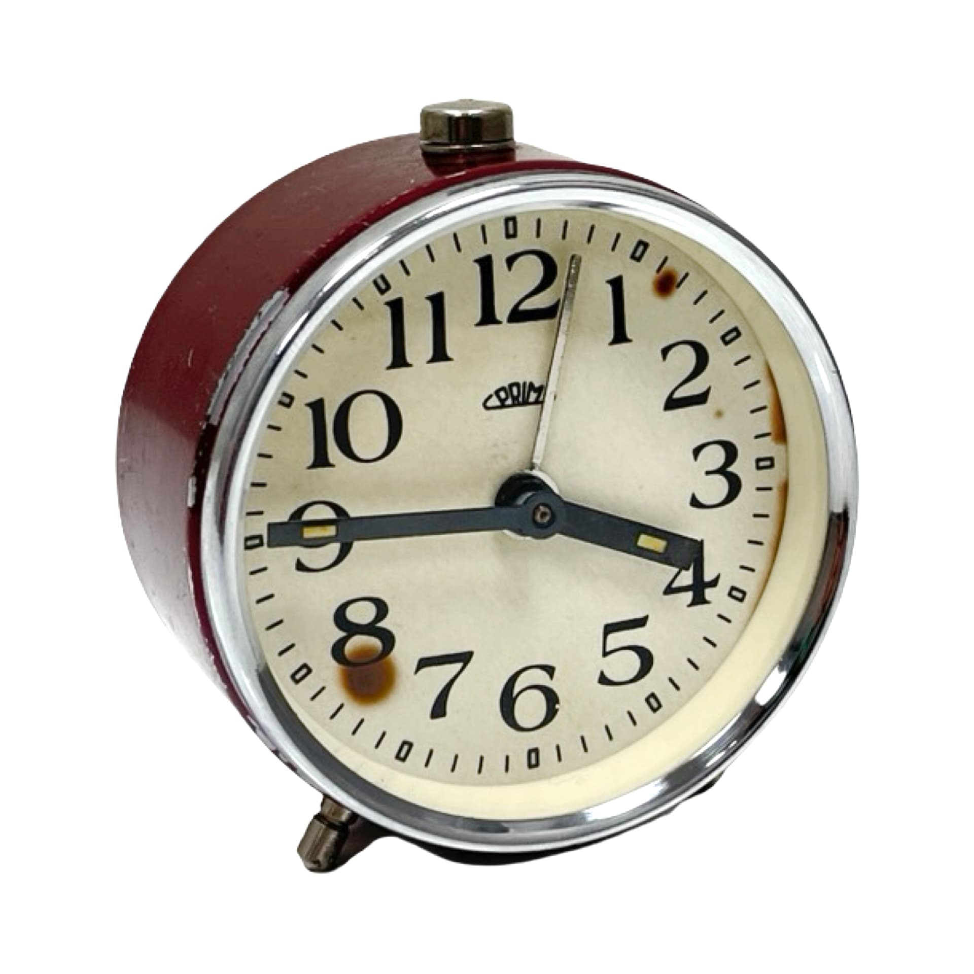 Budzik mechaniczny, bordowy, metal chrom, PRIM, Czechosłowacja, lata 60. - 302370