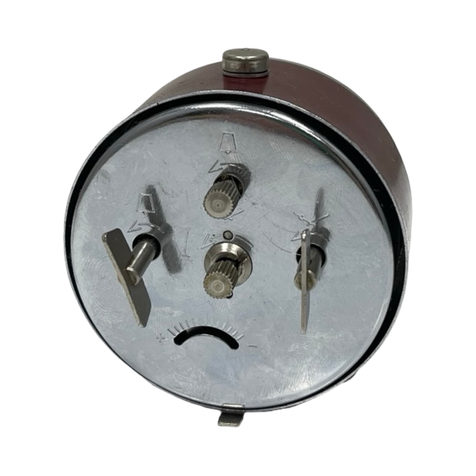 Budzik mechaniczny, bordowy, metal chrom, PRIM, Czechosłowacja, lata 60. - 302372