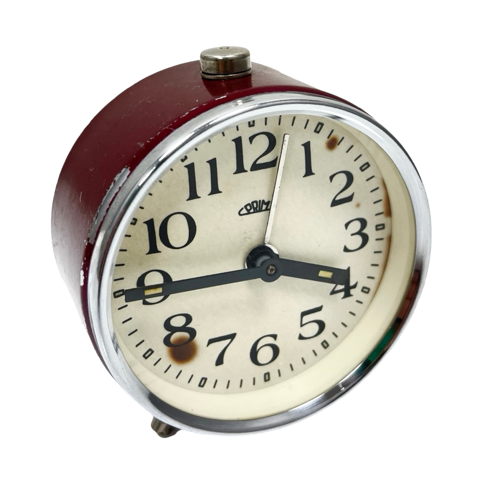 Budzik mechaniczny, bordowy, metal chrom, PRIM, Czechosłowacja, lata 60. - 302369