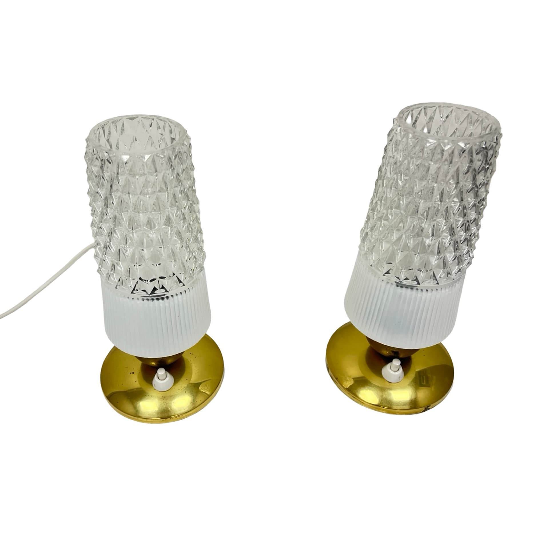 Pair of bedside lamps, white transparent glass, gold brass, Elektorinstala, Germany, 1960s. - 302453