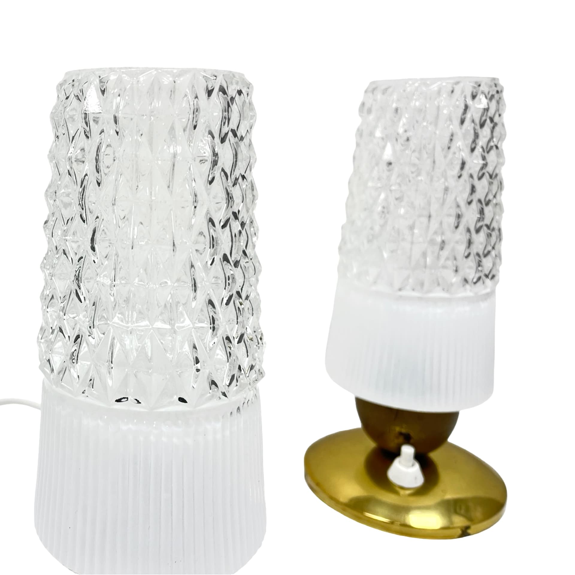 Pair of bedside lamps, white transparent glass, gold brass, Elektorinstala, Germany, 1960s. - 302457