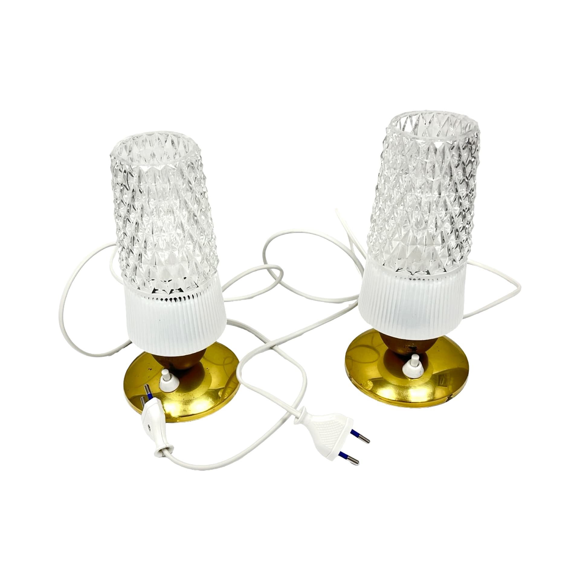 Pair of bedside lamps, white transparent glass, gold brass, Elektorinstala, Germany, 1960s. - 302459