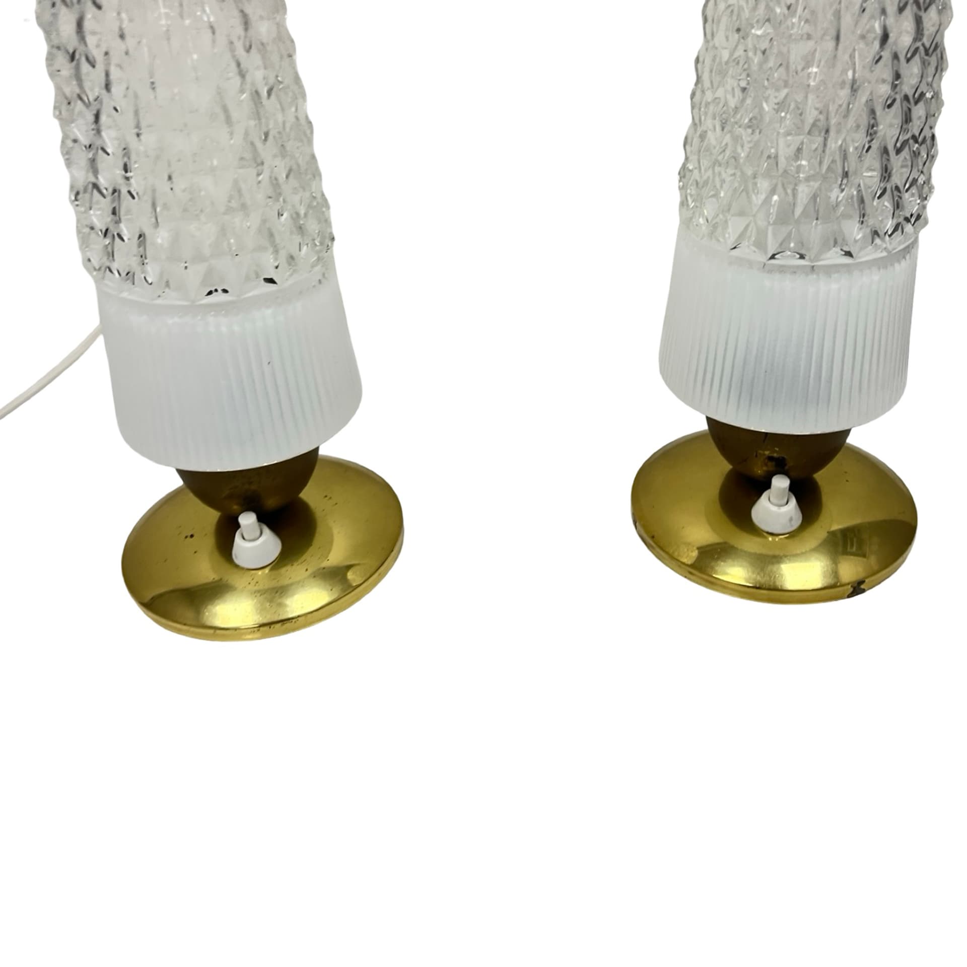 Pair of bedside lamps, white transparent glass, gold brass, Elektorinstala, Germany, 1960s. - 302454