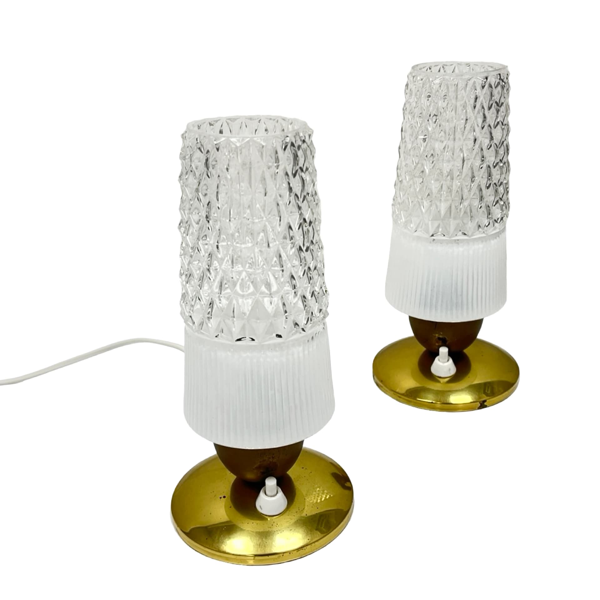 Pair of bedside lamps, white transparent glass, gold brass, Elektorinstala, Germany, 1960s. - 302458