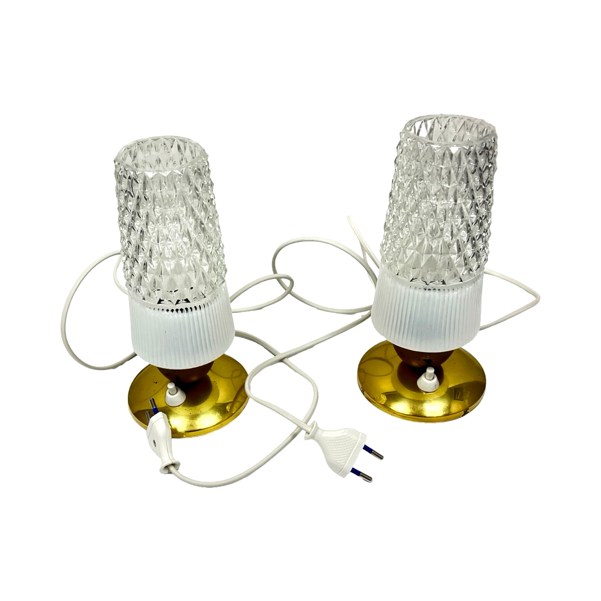 Pair of bedside lamps, white transparent glass, gold brass, Elektorinstala, Germany, 1960s. - 302460