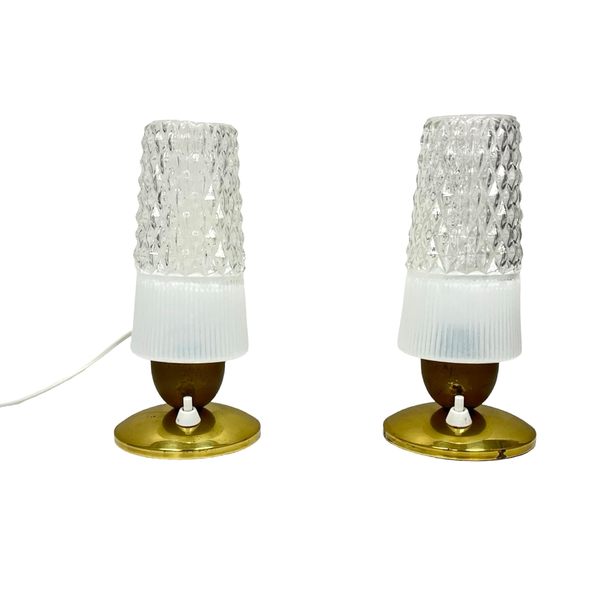 Pair of bedside lamps, white transparent glass, gold brass, Elektorinstala, Germany, 1960s. - 302449