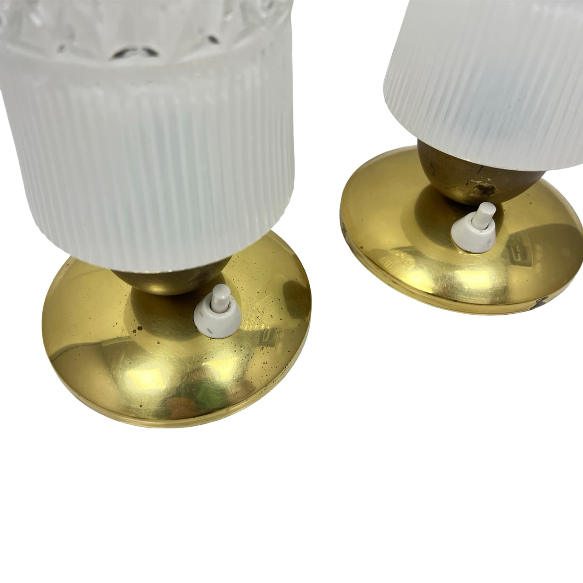 Pair of bedside lamps, white transparent glass, gold brass, Elektorinstala, Germany, 1960s. - 302461