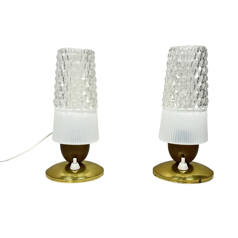 Pair of bedside lamps, white transparent glass, gold brass, Elektorinstala, Germany, 1960s.
