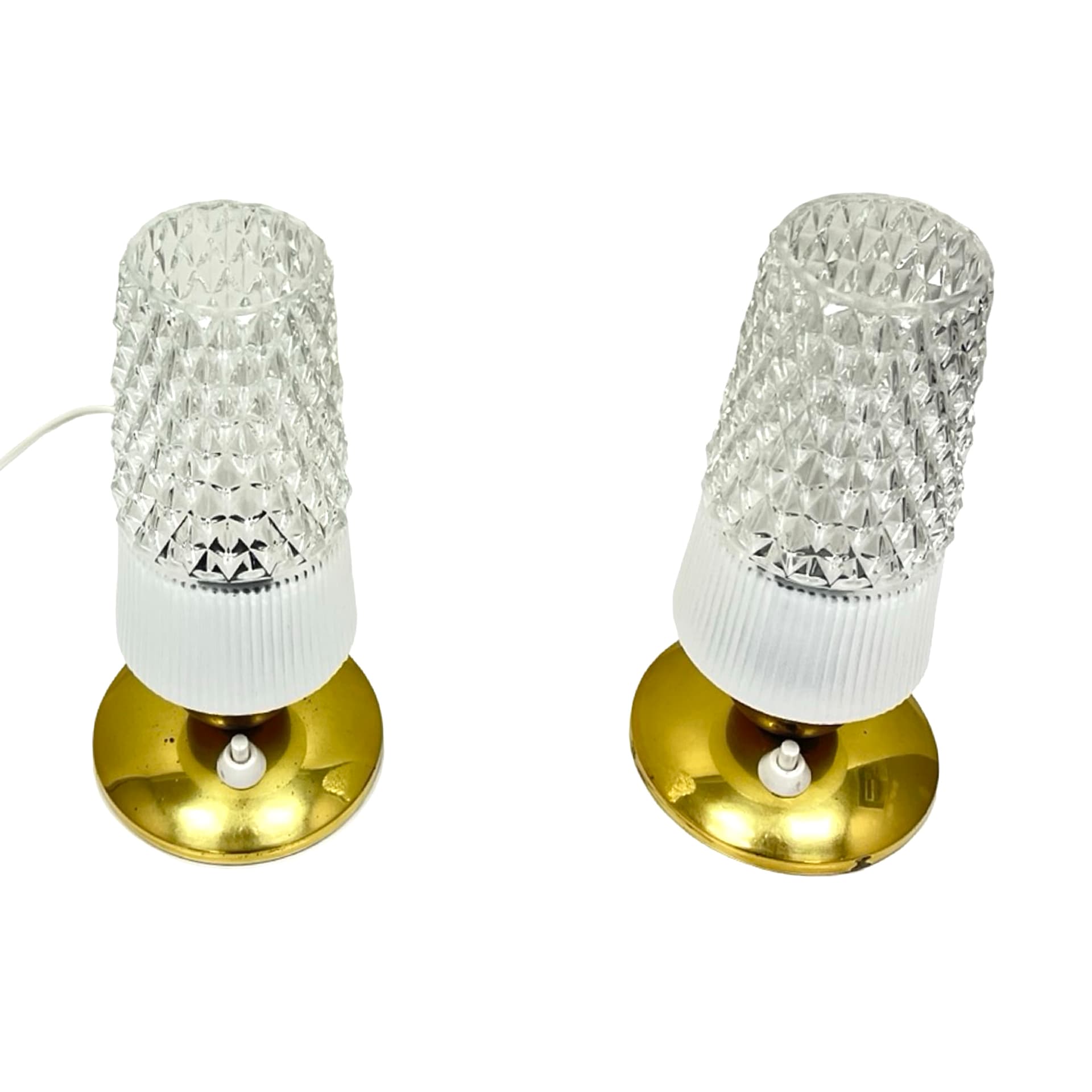 Pair of bedside lamps, white transparent glass, gold brass, Elektorinstala, Germany, 1960s. - 302456