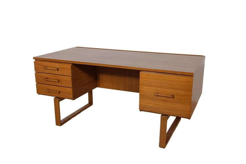 Biurko wolnostojące, teak brązowy złoty, proj. H. Jensen & T. Valeur, Dania, lata 60.