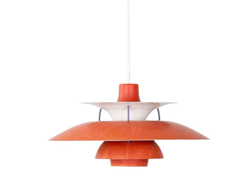 Pendant lamp PH 5, red aluminum, by P. Henningsen, Louis Poulsen, Denmark, 1980s.