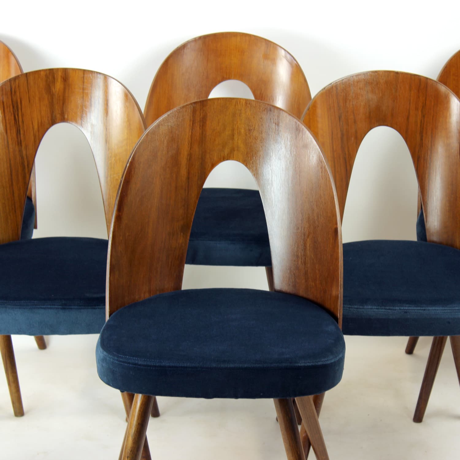 Set of Six Chairs, walnut, navy blue velvet, by A. Šuman, Tatra Nabytok, Czechoslovakia, 1960s. - 302762