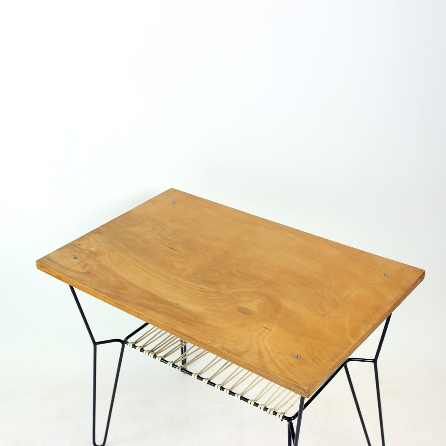 Coffee table, brown wood, black metal, white plastic, Czechoslovakia, 1960s. - 302775