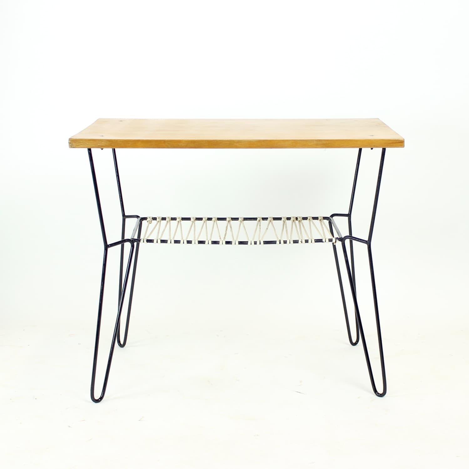 Coffee table, brown wood, black metal, white plastic, Czechoslovakia, 1960s. - 302778