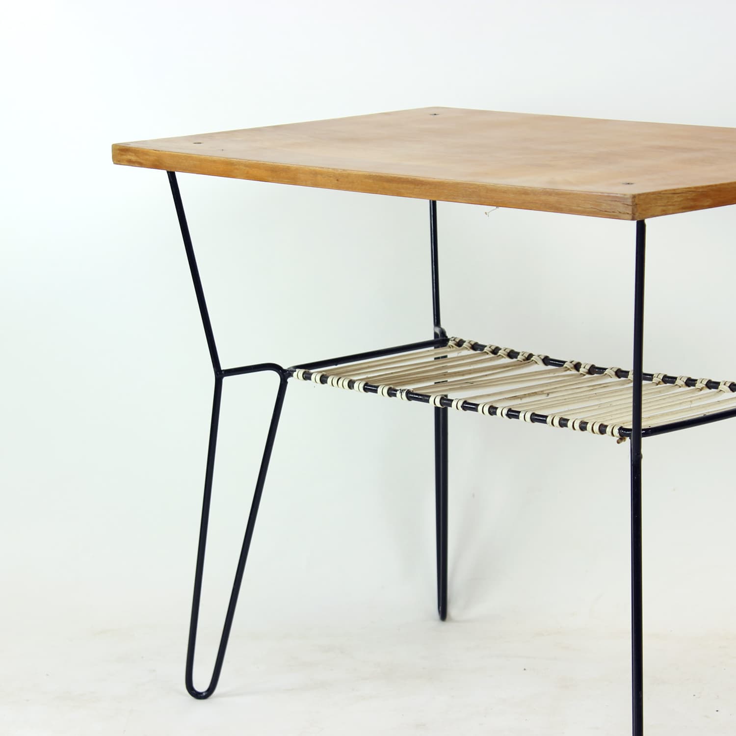 Coffee table, brown wood, black metal, white plastic, Czechoslovakia, 1960s. - 302776