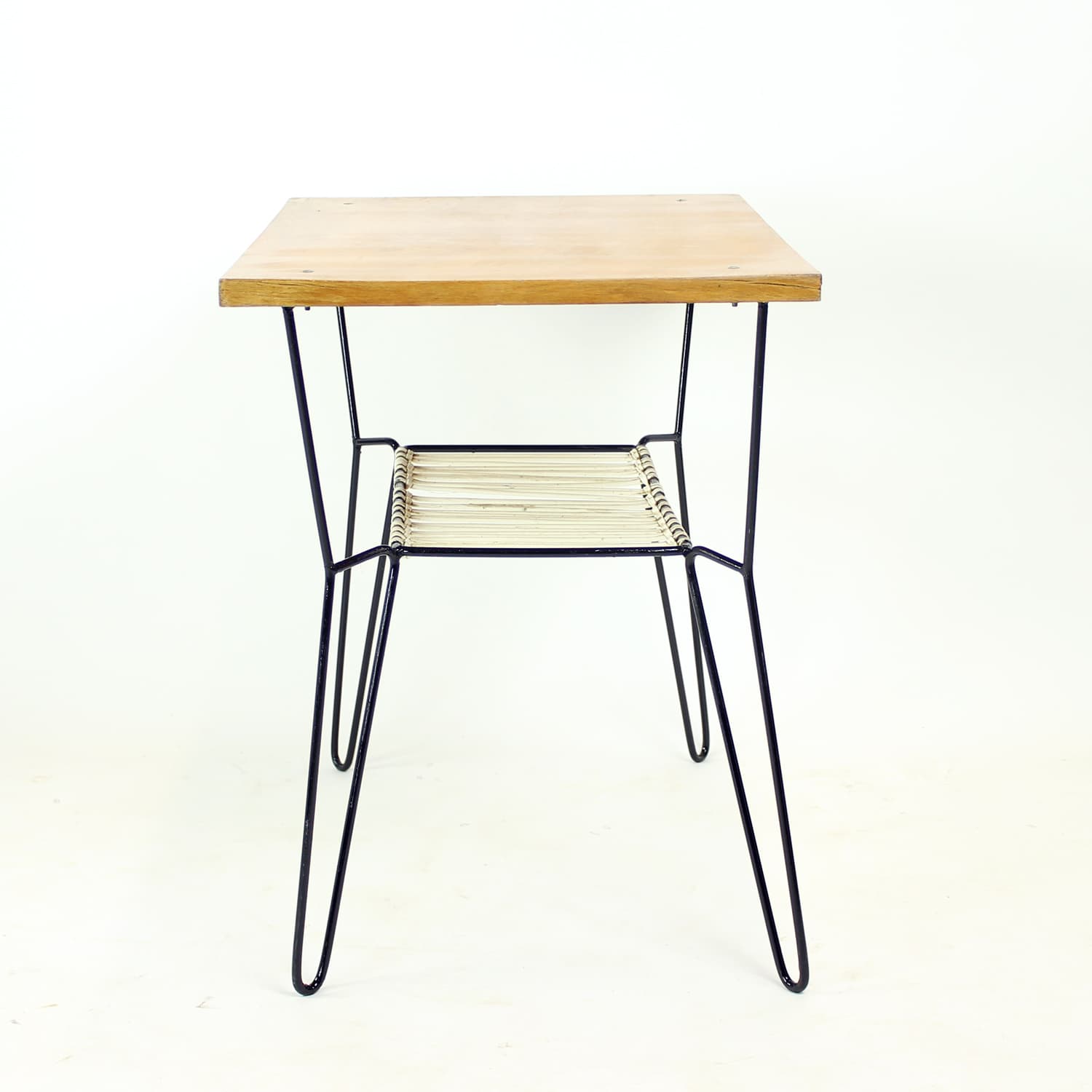 Coffee table, brown wood, black metal, white plastic, Czechoslovakia, 1960s. - 302777