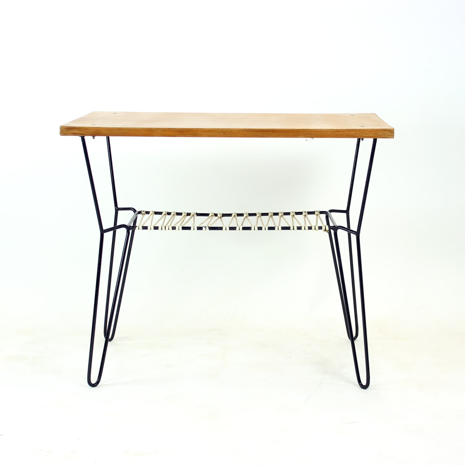 Coffee table, brown wood, black metal, white plastic, Czechoslovakia, 1960s. - 302774