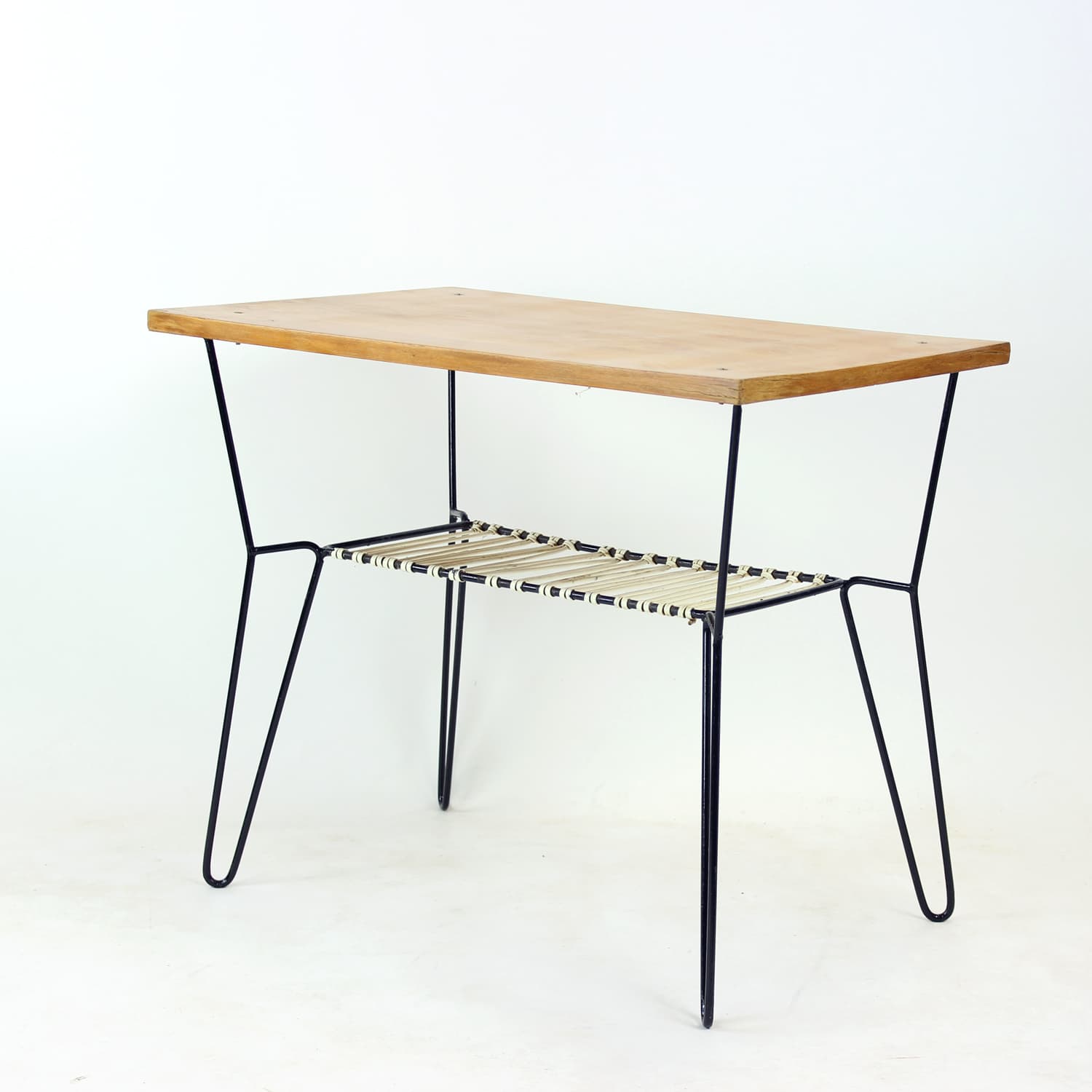 Coffee table, brown wood, black metal, white plastic, Czechoslovakia, 1960s. - 302773