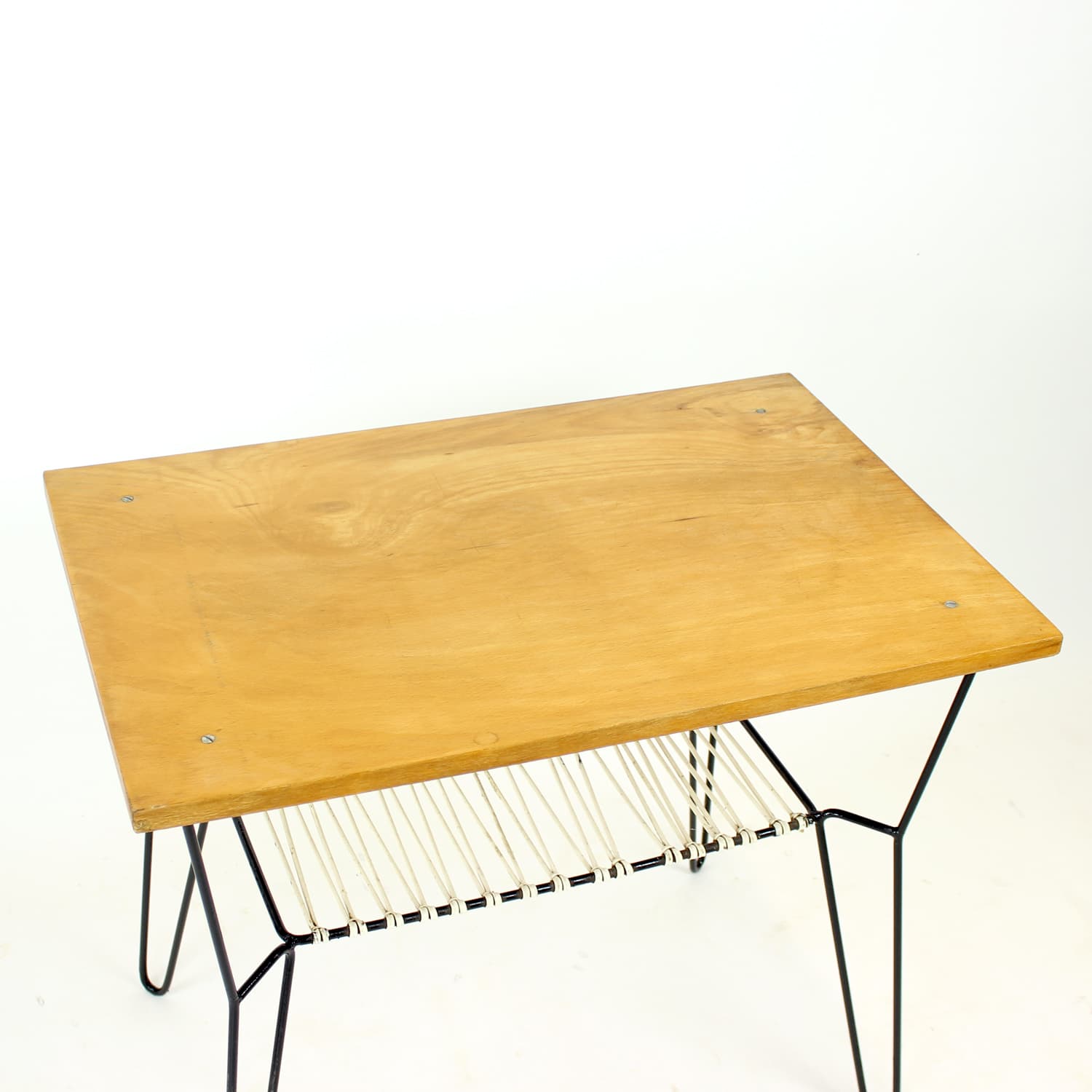 Coffee table, brown wood, black metal, white plastic, Czechoslovakia, 1960s. - 302770