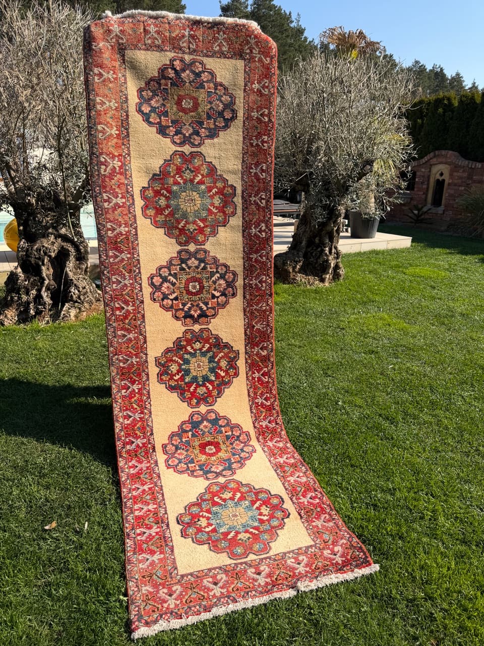 Chodnik Hamadan 320x100 cm, beżowy czerwony niebieski zielony, wełna, Iran - 302787