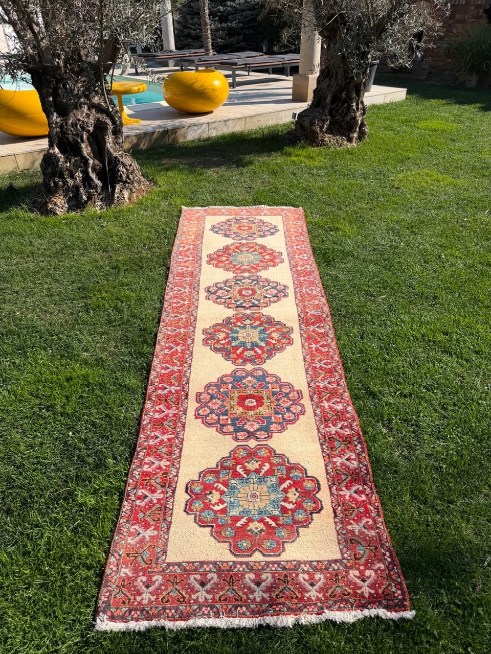 Chodnik Hamadan 320x100 cm, beżowy czerwony niebieski zielony, wełna, Iran - 302789