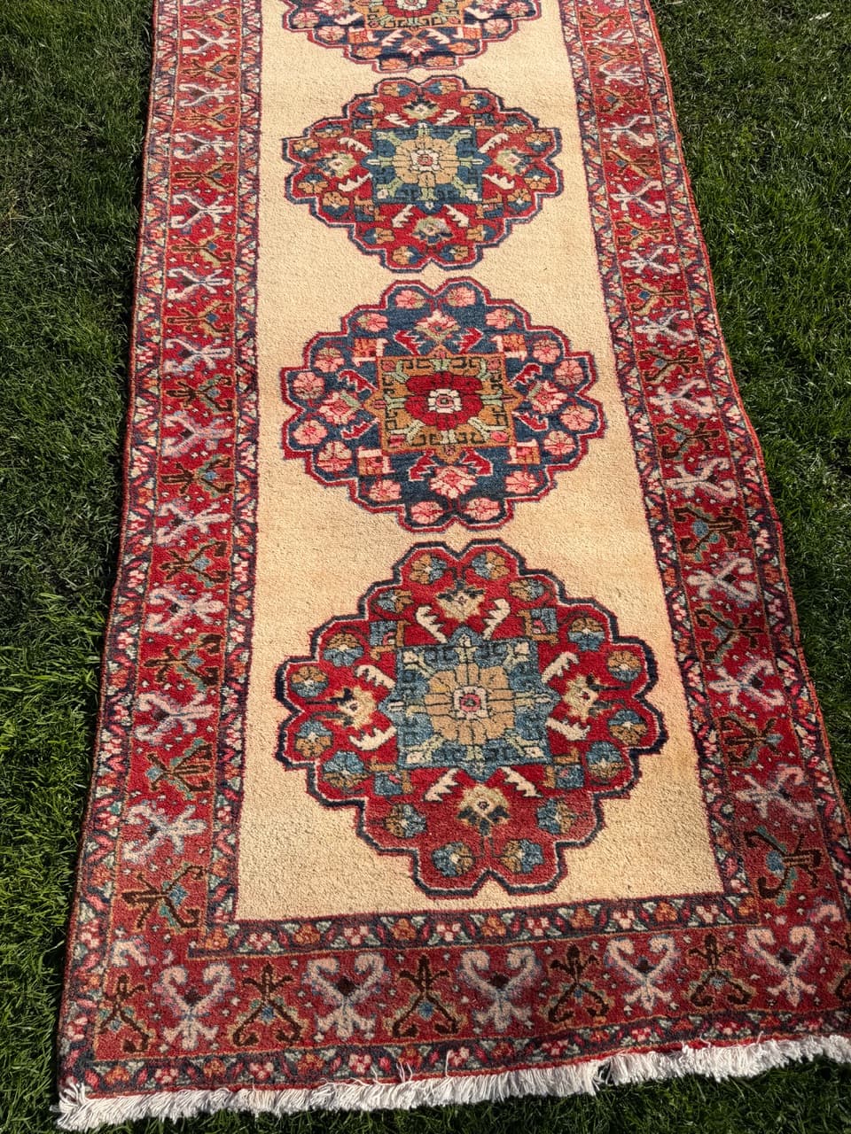 Chodnik Hamadan 320x100 cm, beżowy czerwony niebieski zielony, wełna, Iran - 302796
