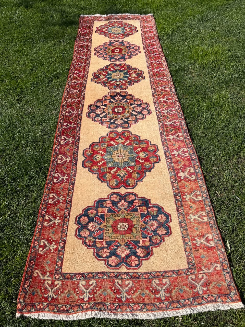 Chodnik Hamadan 320x100 cm, beżowy czerwony niebieski zielony, wełna, Iran - 302790