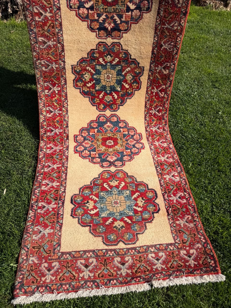 Chodnik Hamadan 320x100 cm, beżowy czerwony niebieski zielony, wełna, Iran - 302791