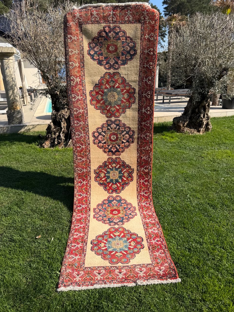 Chodnik Hamadan 320x100 cm, beżowy czerwony niebieski zielony, wełna, Iran - 302788