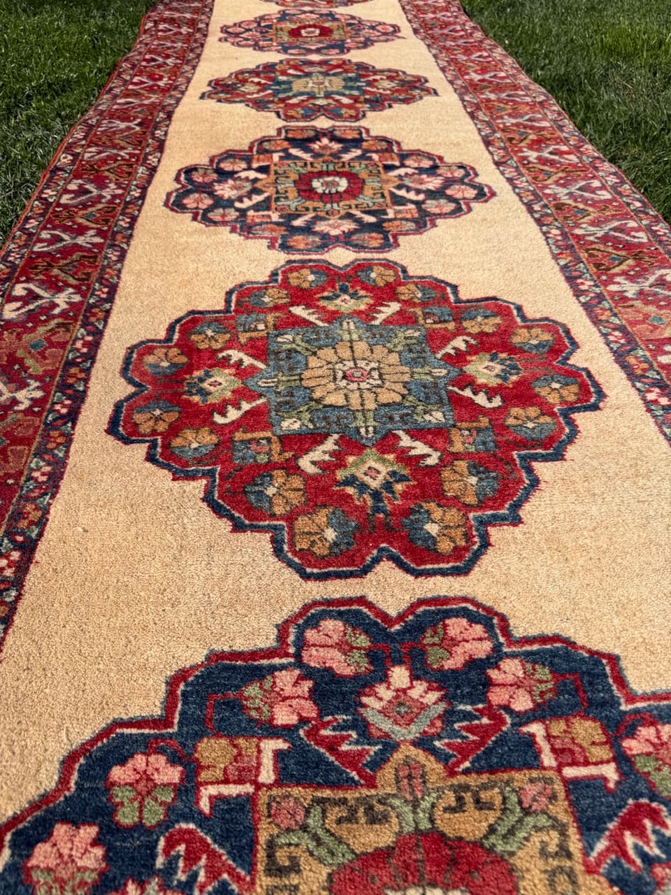 Chodnik Hamadan 320x100 cm, beżowy czerwony niebieski zielony, wełna, Iran - 302797