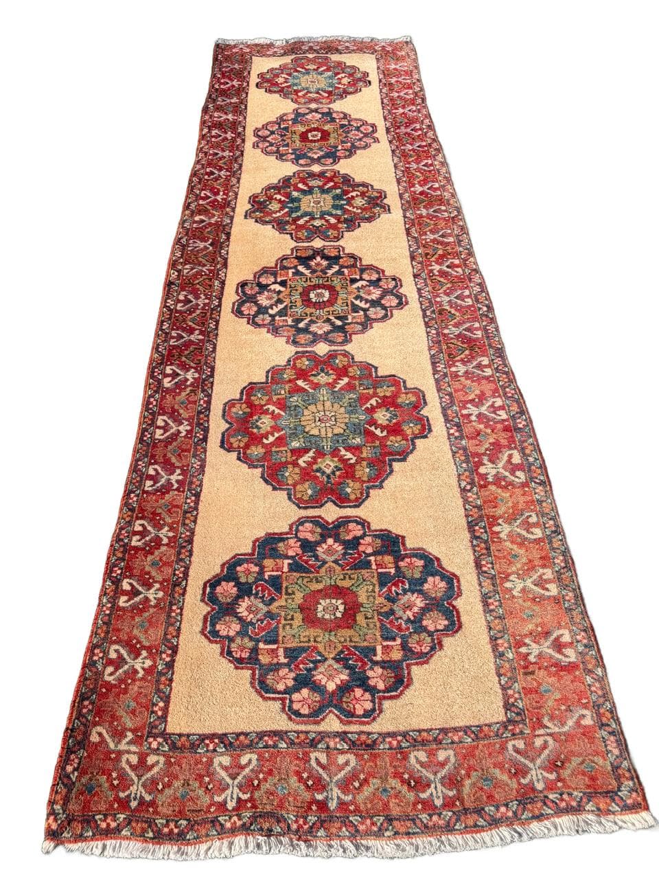 Chodnik Hamadan 320x100 cm, beżowy czerwony niebieski zielony, wełna, Iran