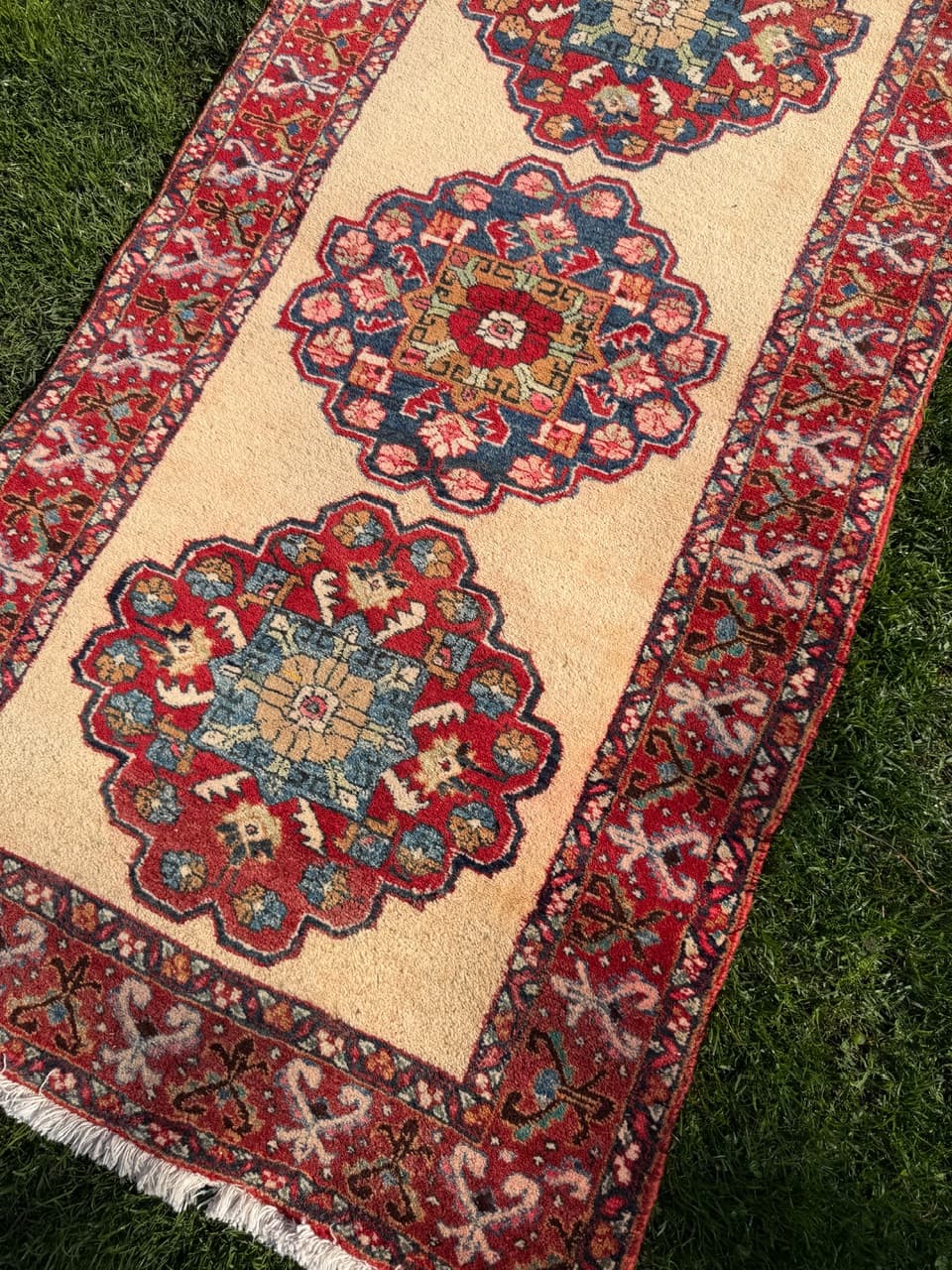Chodnik Hamadan 320x100 cm, beżowy czerwony niebieski zielony, wełna, Iran - 302799