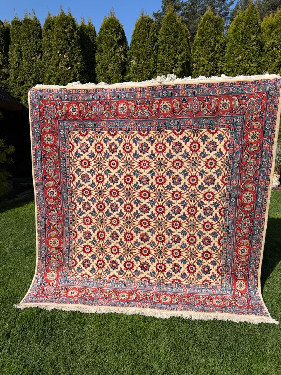 Dywan Bidjar 210x200 cm, beżowy czerwony niebieski złoty, wełna kaszmirowa, Iran - 302801