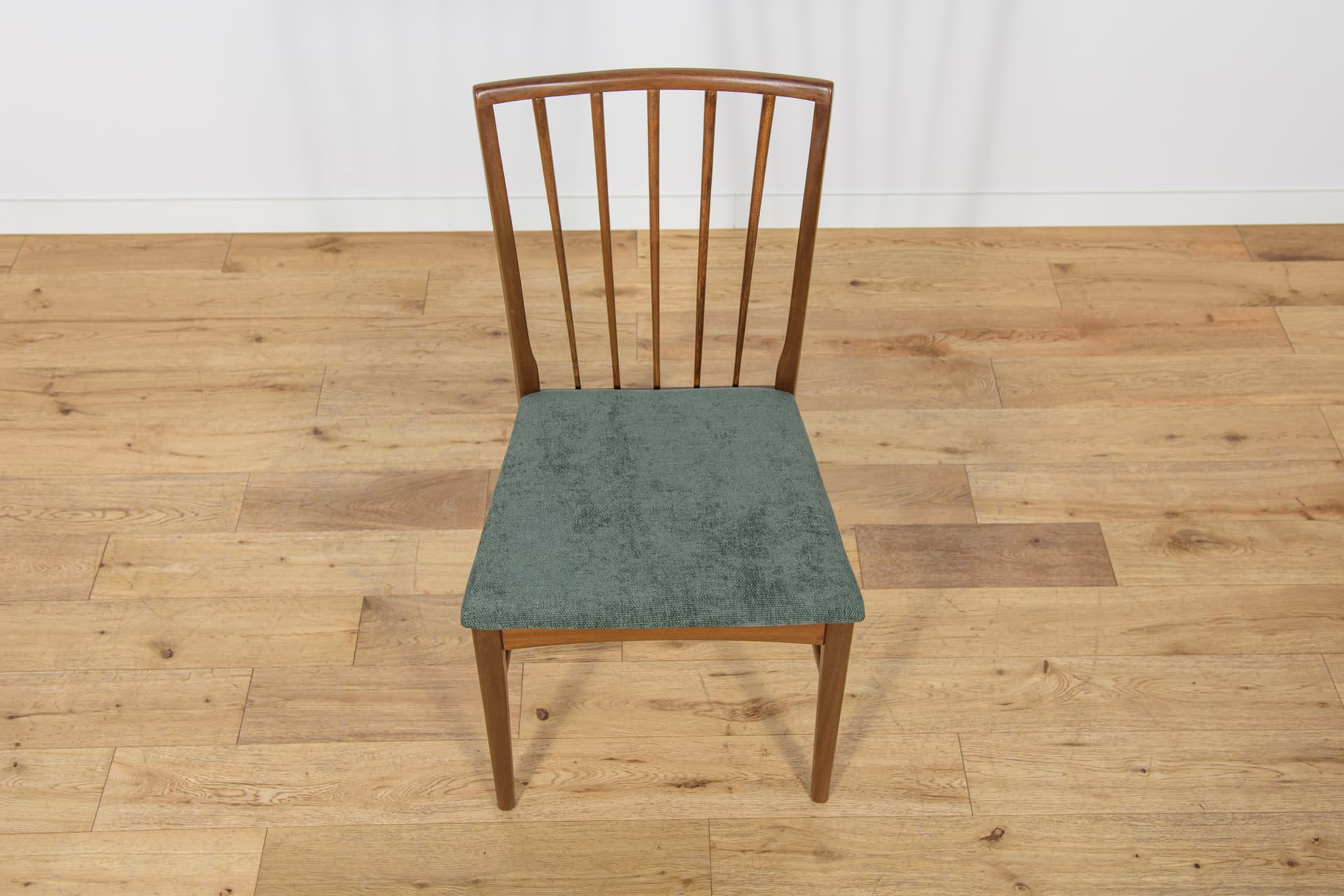 Set of four chairs, brown teak, green fabric, United Kingdom, 1960s. - 302879