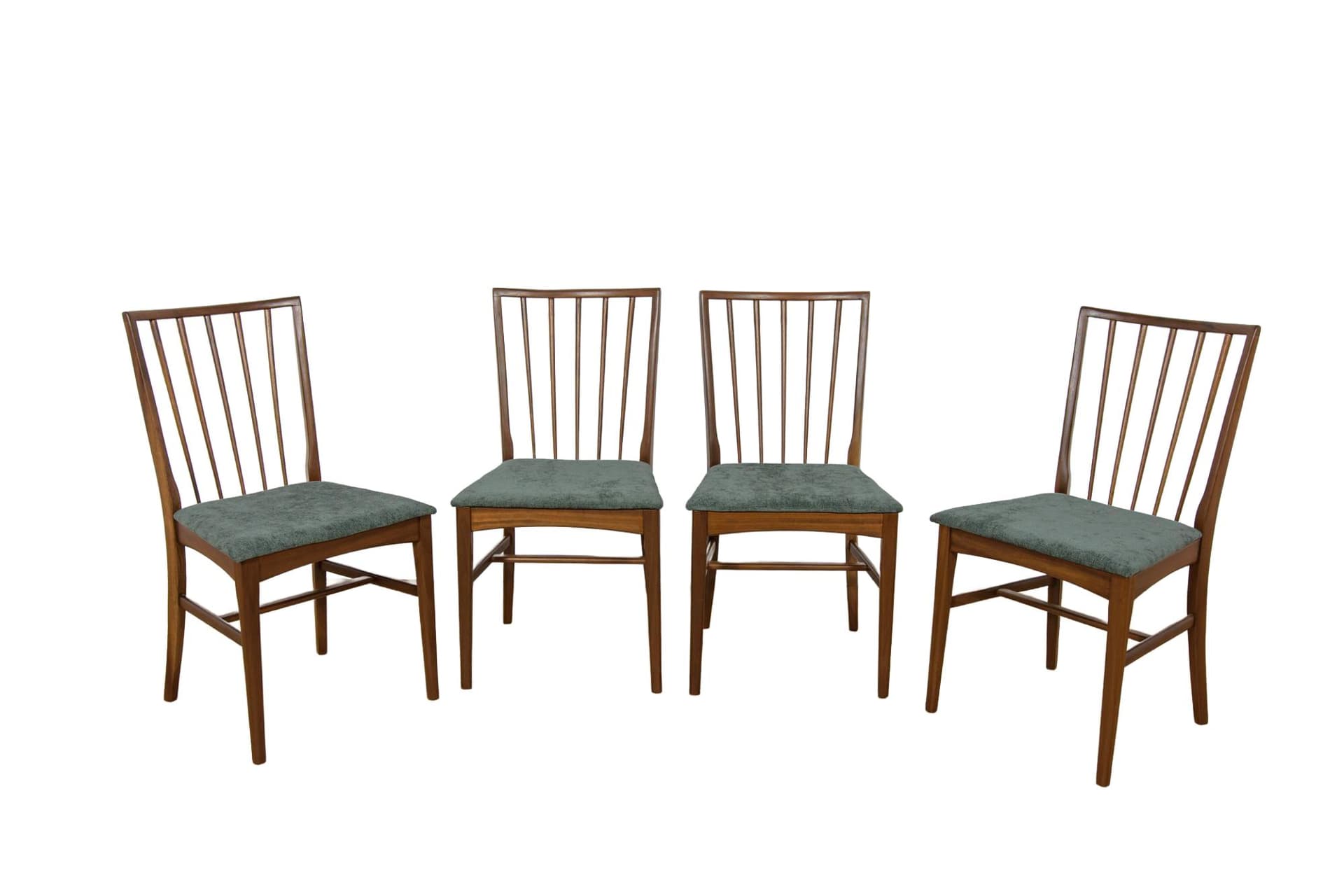 Set of four chairs, brown teak, green fabric, United Kingdom, 1960s.