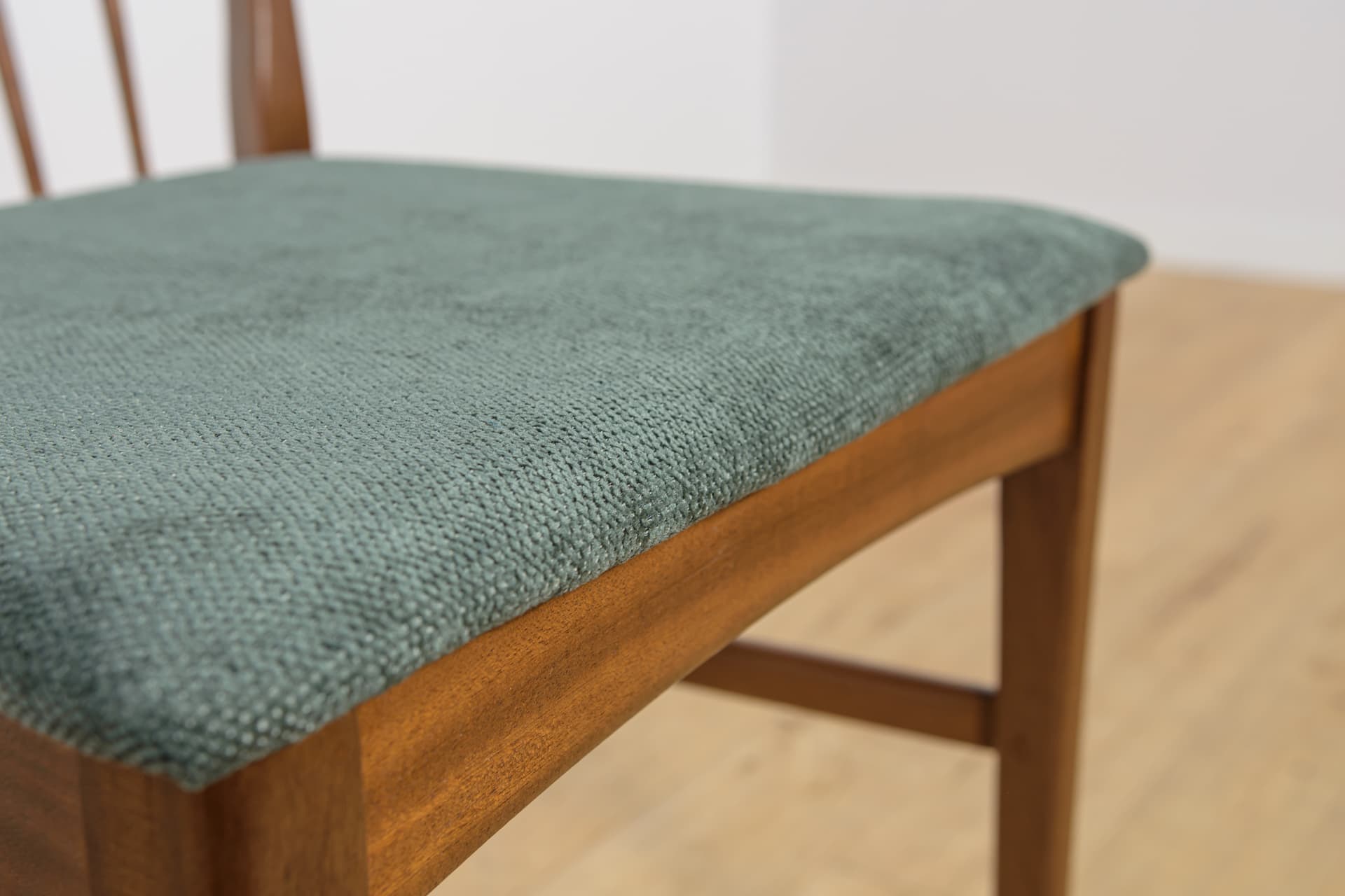 Set of four chairs, brown teak, green fabric, United Kingdom, 1960s. - 302886