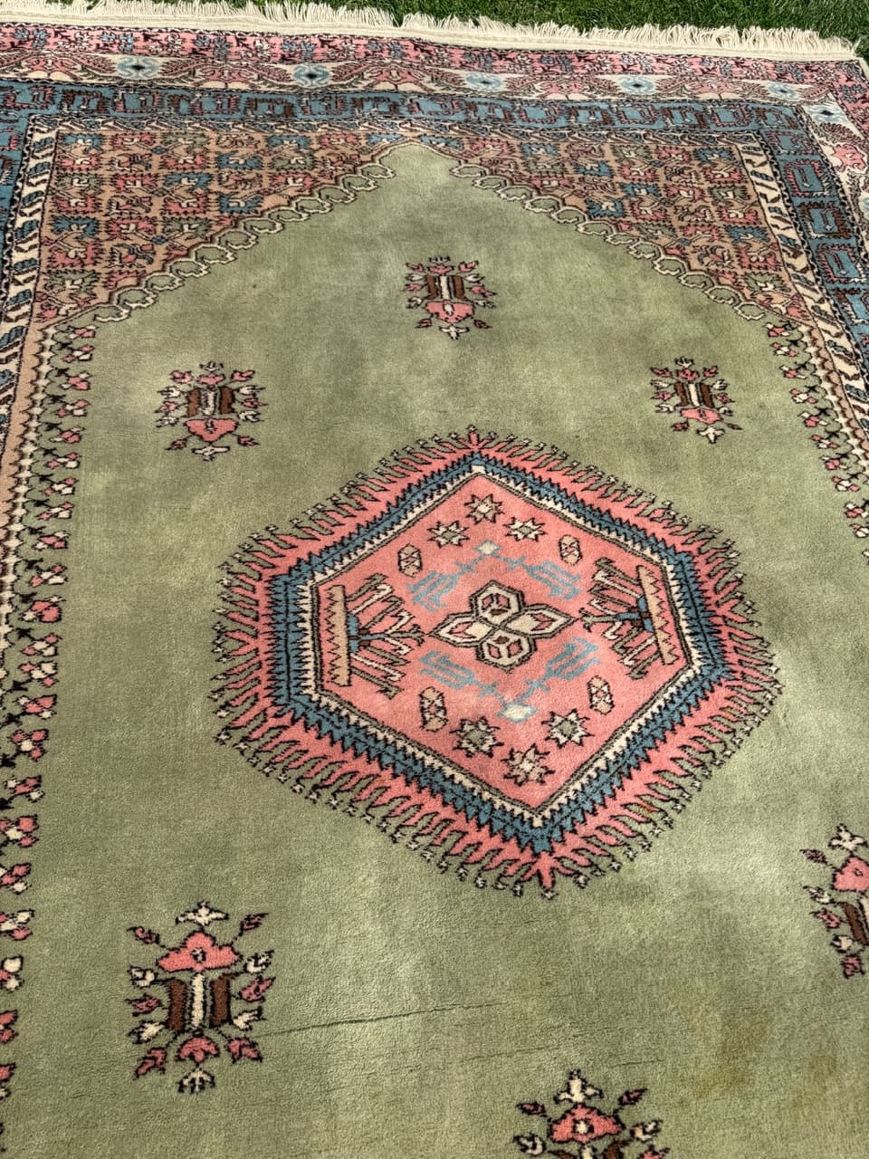 Dywan marokański, oliwkowozielony różowy brązowy, wełna, Maroko, 290x200 cm - 303054