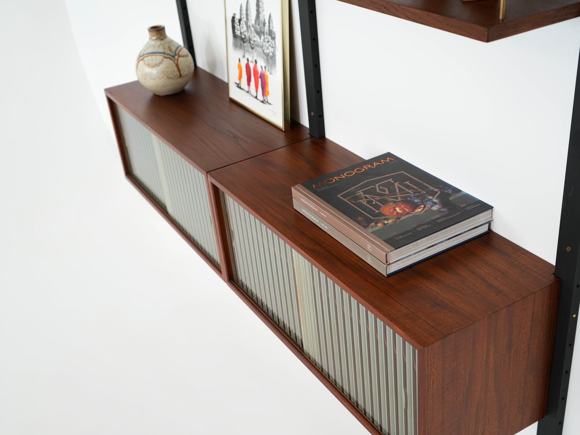 Shelving unit, brown teak, black metal, transparent glass, Denmark, 1960s. - 303330