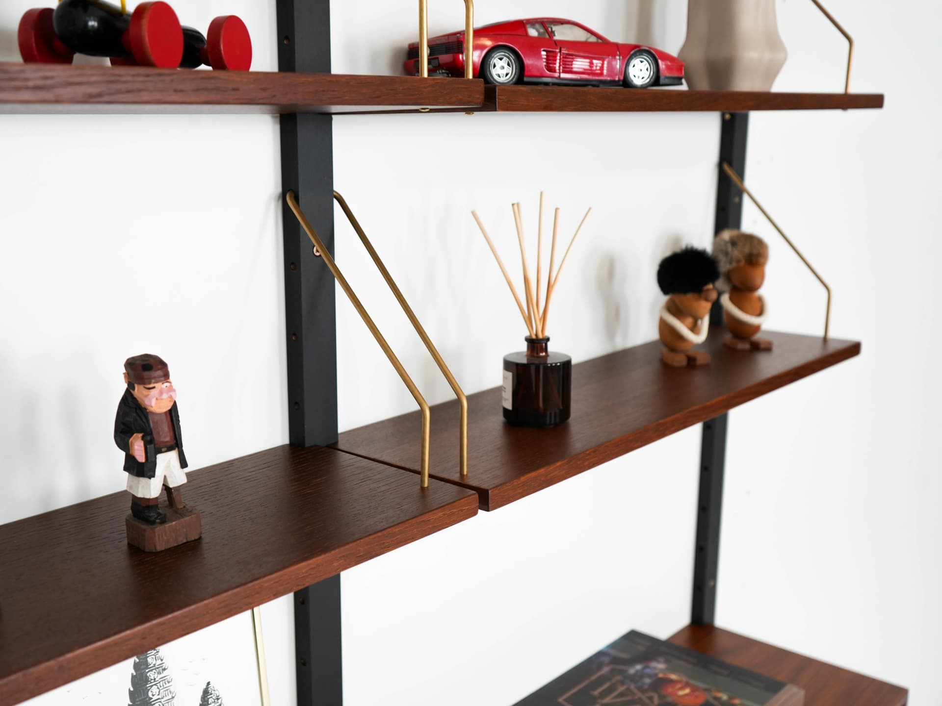 Shelving unit, brown teak, black metal, transparent glass, Denmark, 1960s. - 303336