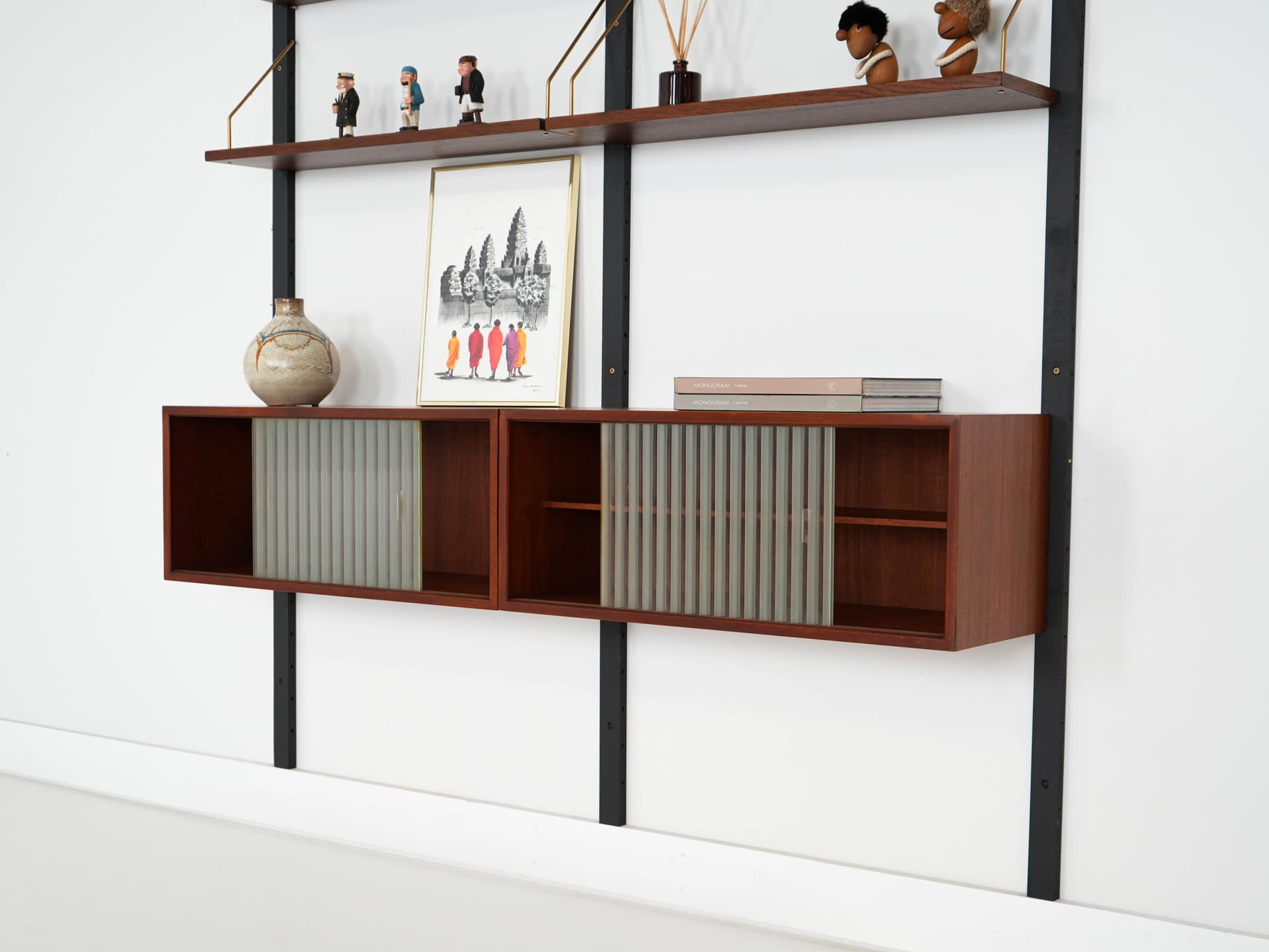 Shelving unit, brown teak, black metal, transparent glass, Denmark, 1960s. - 303331
