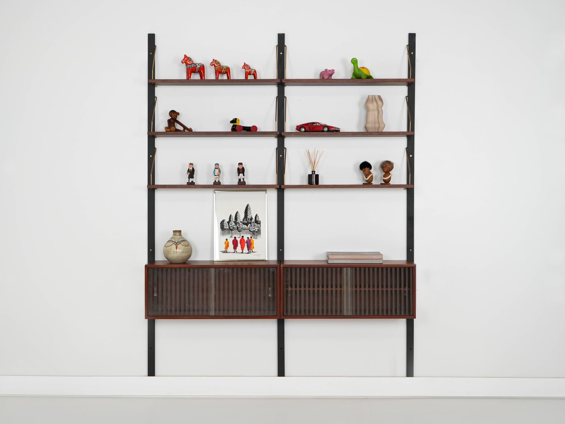 Shelving unit, brown teak, black metal, transparent glass, Denmark, 1960s. - 303327