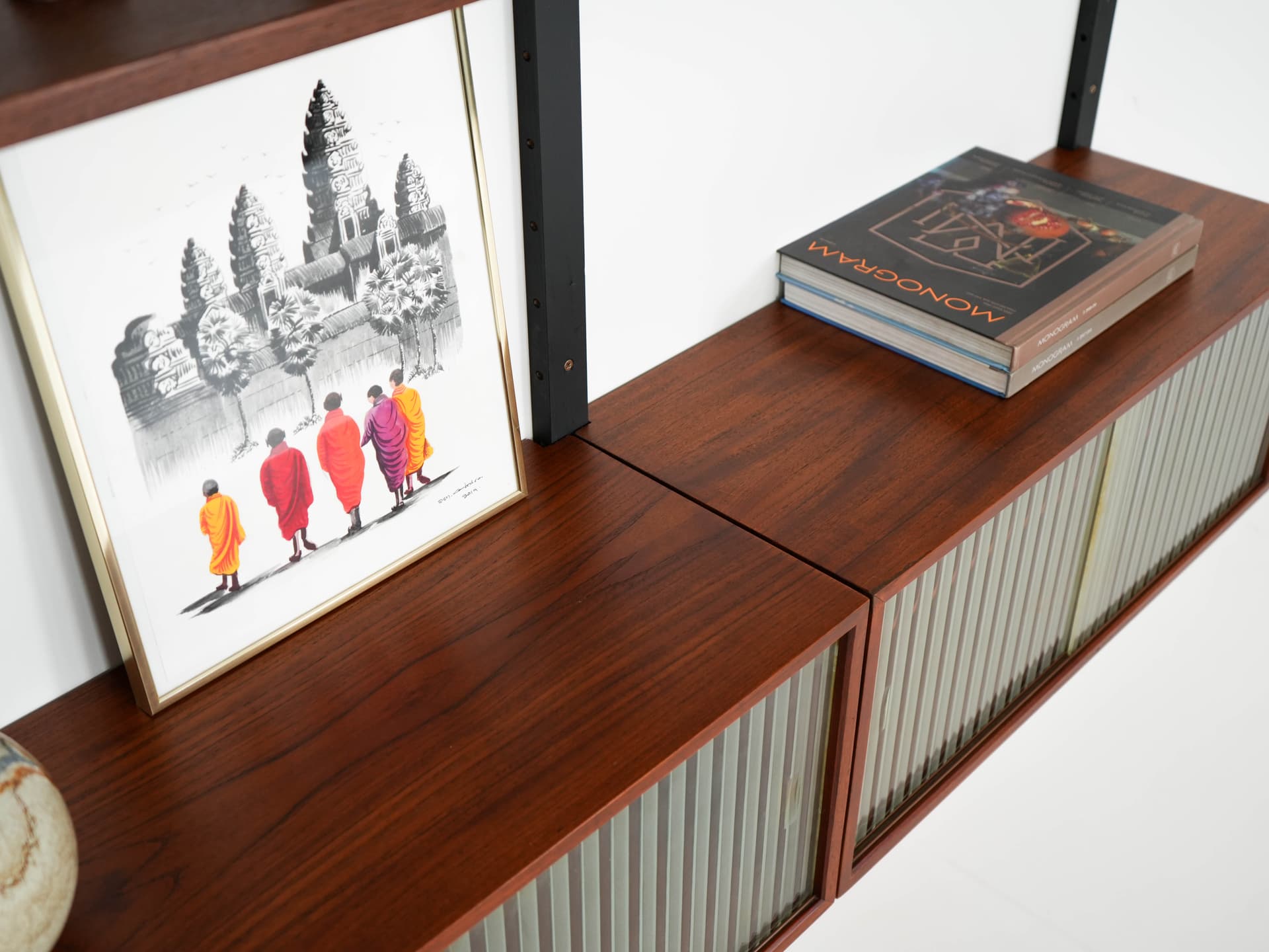 Shelving unit, brown teak, black metal, transparent glass, Denmark, 1960s. - 303340