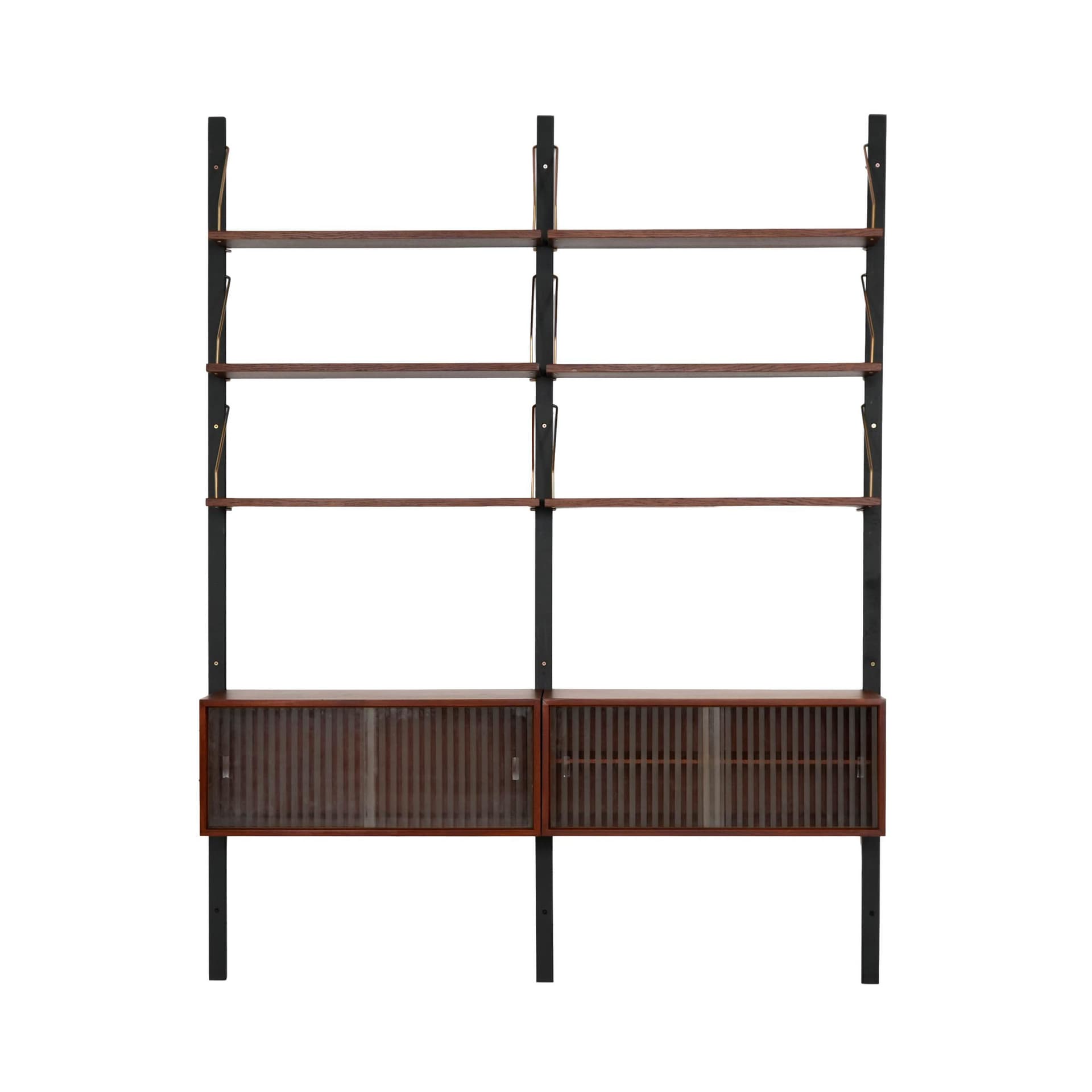 Shelving unit, brown teak, black metal, transparent glass, Denmark, 1960s.